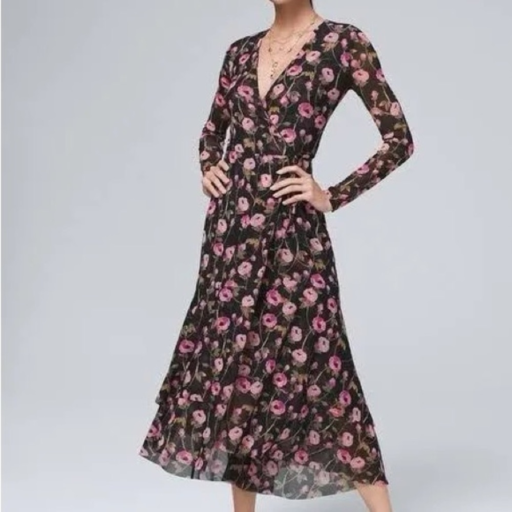 While House Black Market True Wrap Mesh Floral Midi/Maxi Long Sleeve Dress